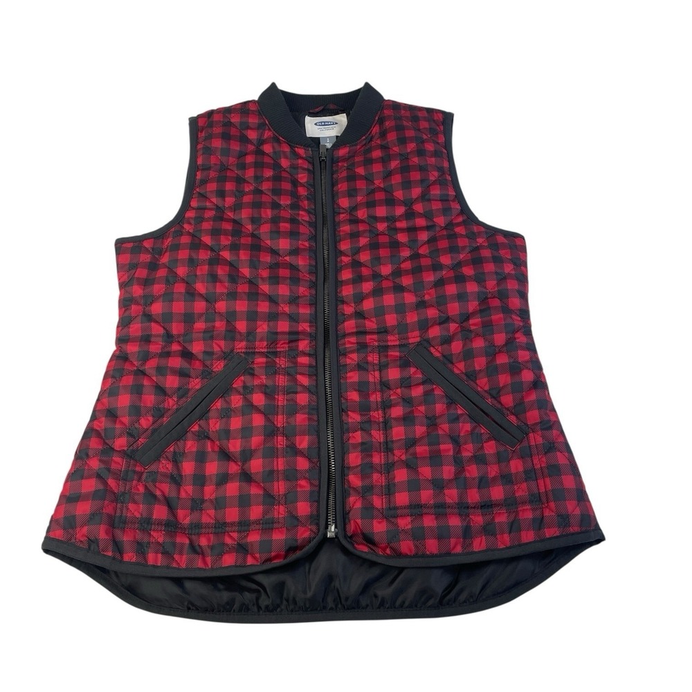 Old Navy Red Black Buffalo Plaid Quilted Vest Women's Small Zippered Gilet